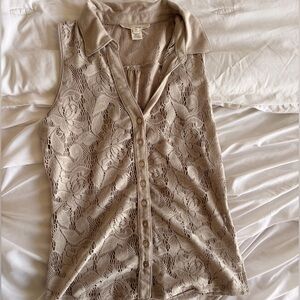 Derek Heart Lace Button-Down Blouse - Cream